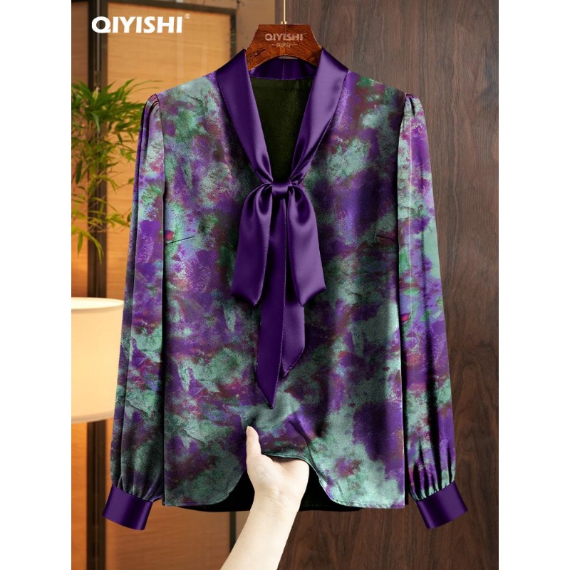 Satin Bow Tie - Top elegante con cintura morada y