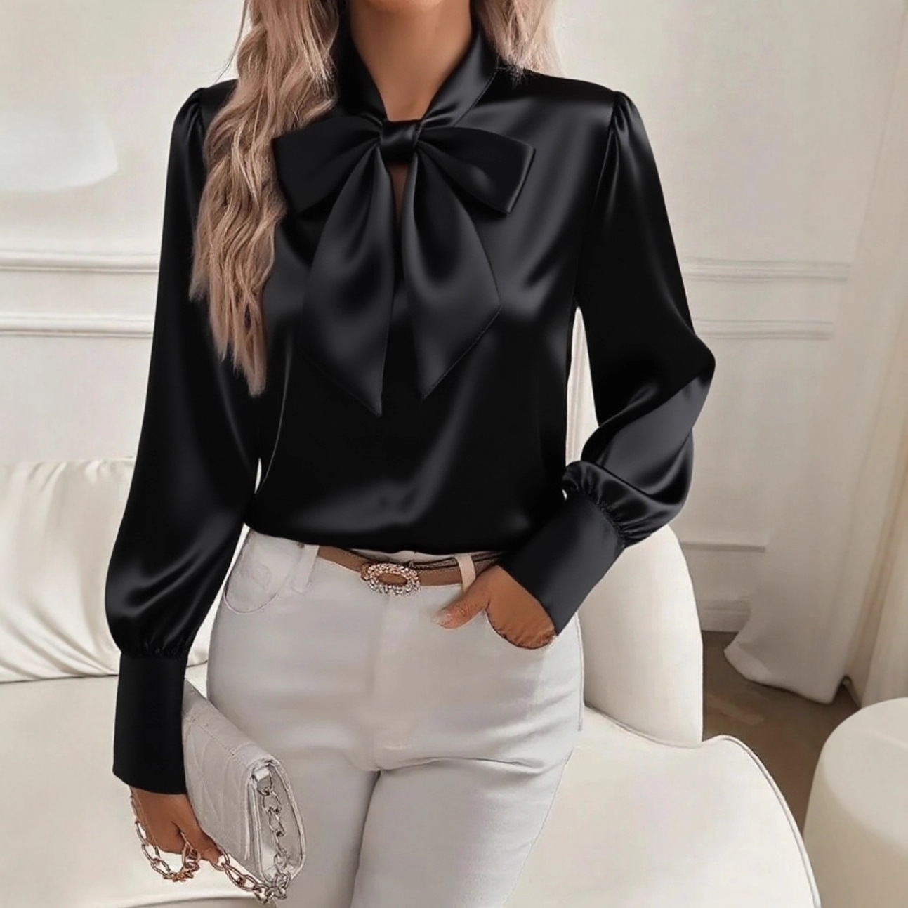 Blusa de Satén con Lazo en el  - Satin Bow Tie reseña y precio