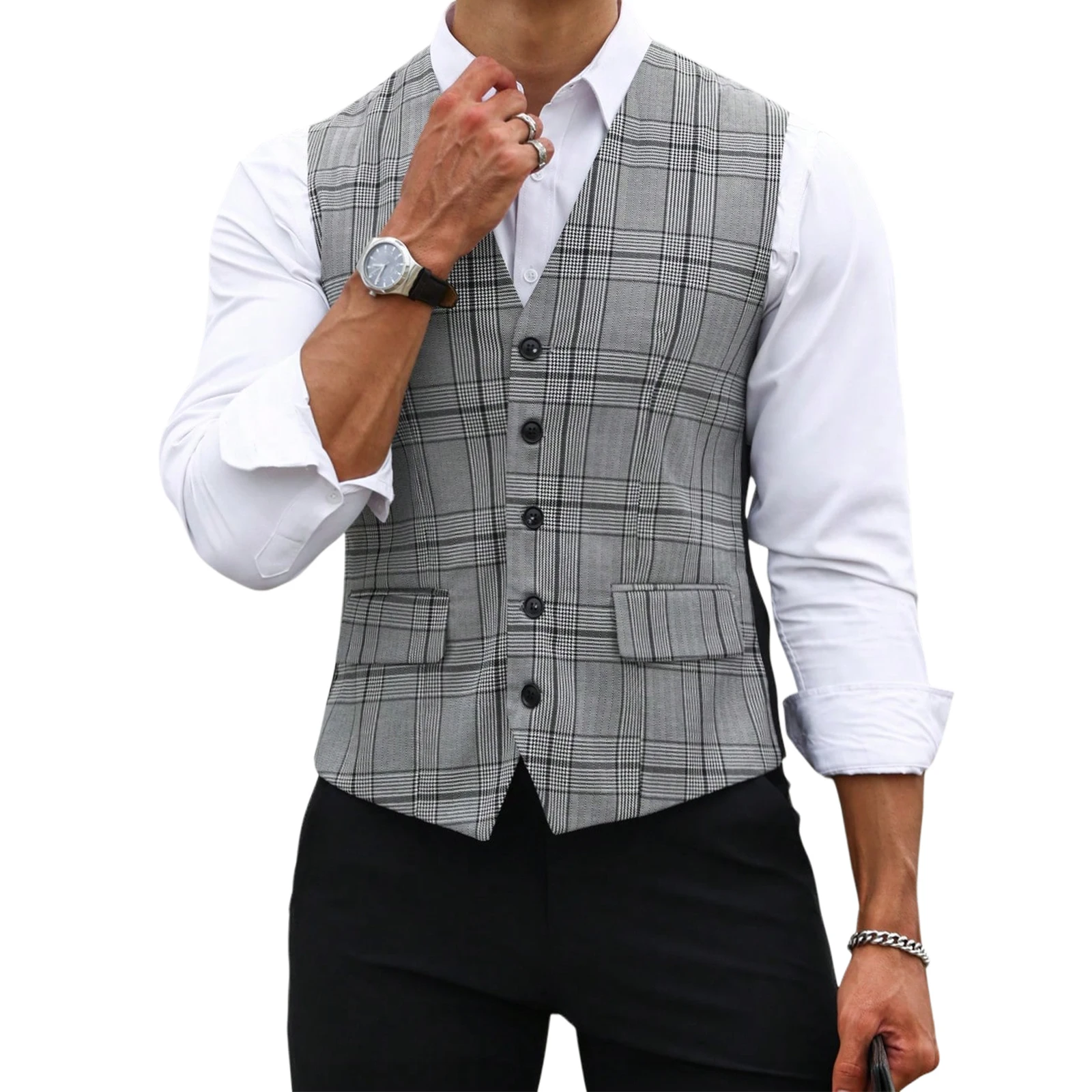 Chaleco de Traje a Cuadros Gri - Men Formal Wear Vest reseña y precio
