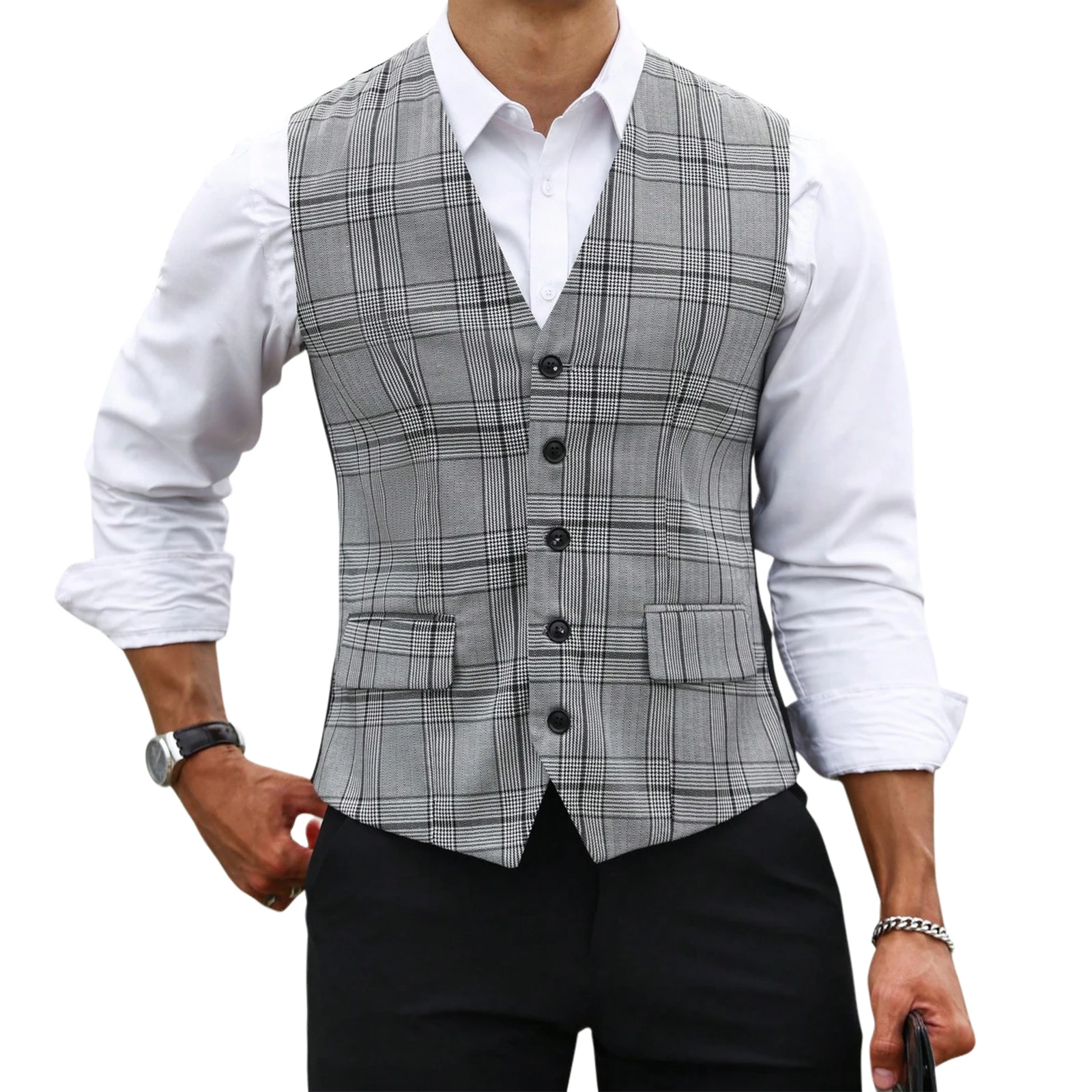 Chaleco de Traje a Cuadros Gri - Men Formal Wear Vest reseña y precio