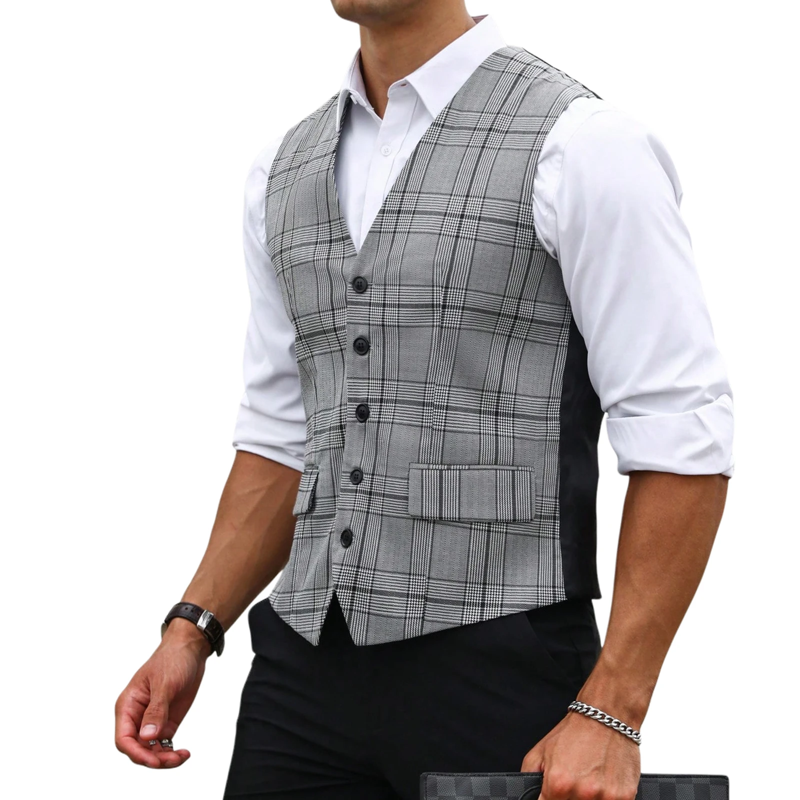 Chaleco de Traje a Cuadros Gri - Men Formal Wear Vest reseña y precio